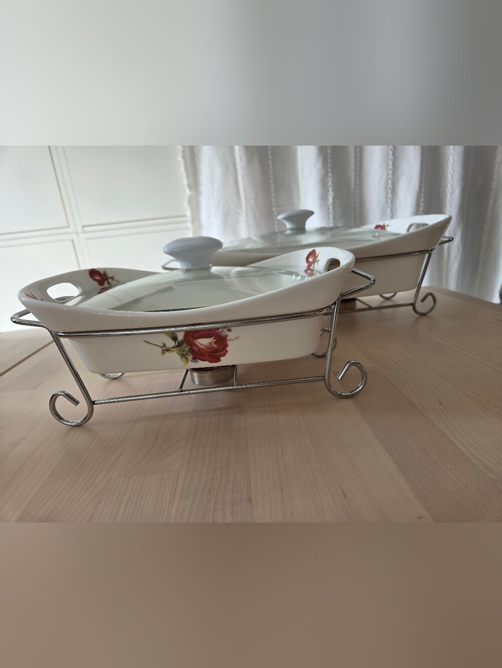 Floral Ceramic Chafing Dish Set Of 2 with Lids - Rose Accent